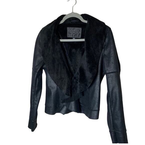GUESS 1981 Faux Leather Jacket Roll Faux Fur Collar &Lining Black Size M - Picture 1 of 12